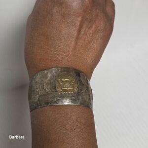 Vintage 925 Sterling & 18k Mixed Half Cuff Peruvian Storyteller Bracelet